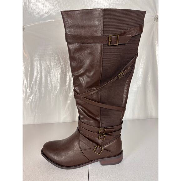 Avenue Pompton Brown Tall Riding Boots 10W Wide Calf Buckle Faux Leather - Picture 6 of 11
